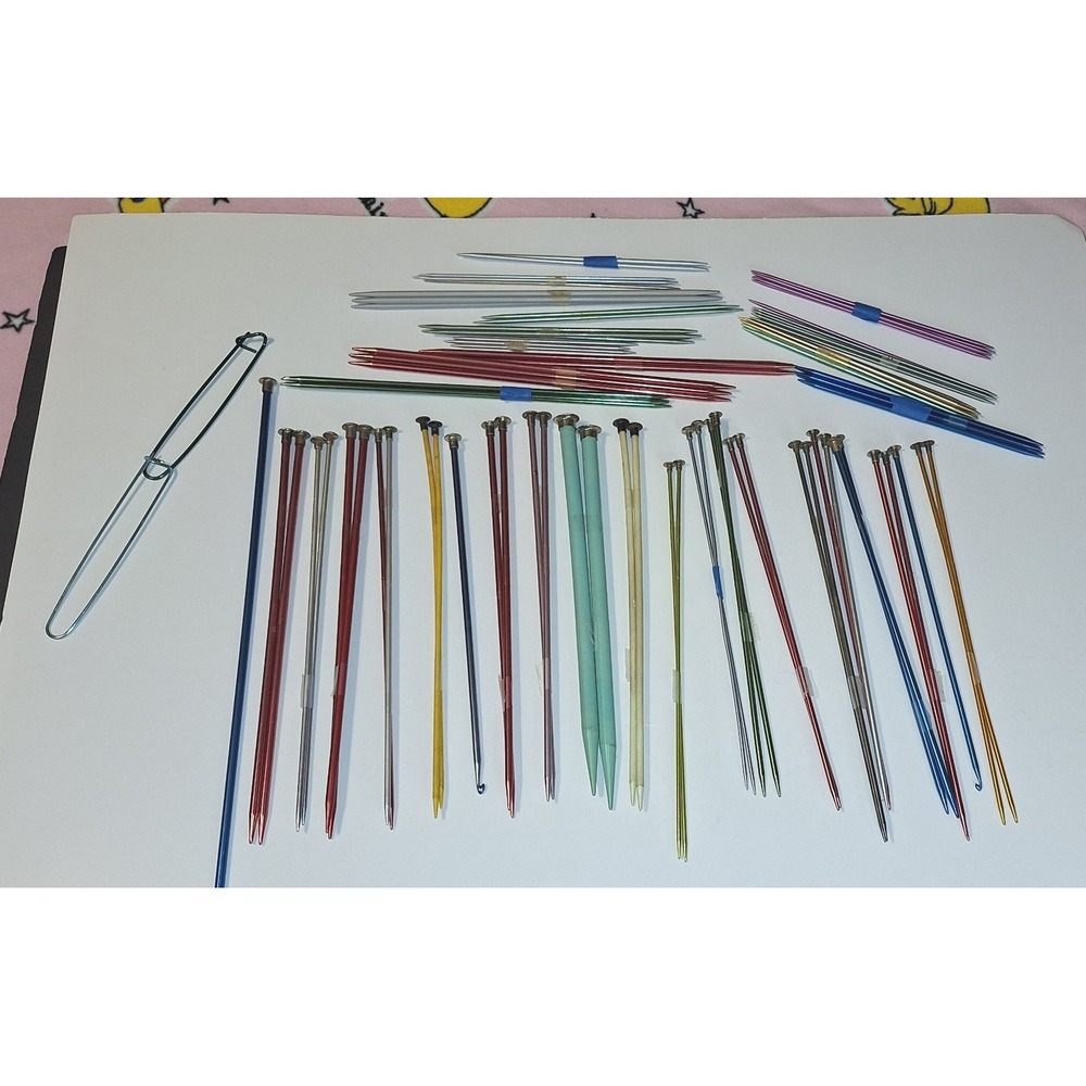 Vtg 91 lot Knitting Needle and Crochet Hook Lot Aluminum DPNs Stitch Holders Set
